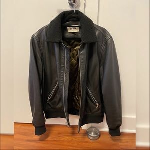 Buck Mason leather bomber with removable collar